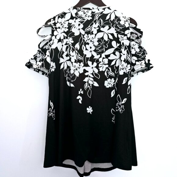 NWOT Black & White Floral  3XL V-Neck 1/2 Zipper front Cold Shoulder Tunic - Picture 3 of 11